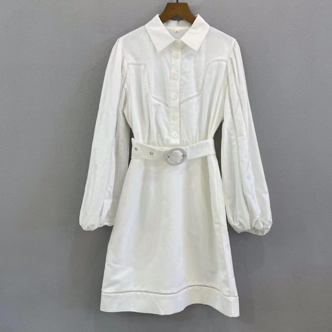 Dropshipping Womans Clothes One Pice Dress White Black Long Sleeve High Waist Midi Semi Formal Shirt  Dresses With Belt