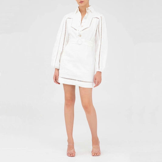 Dropshipping Womans Clothes One Pice Dress White Black Long Sleeve High Waist Midi Semi Formal Shirt  Dresses With Belt