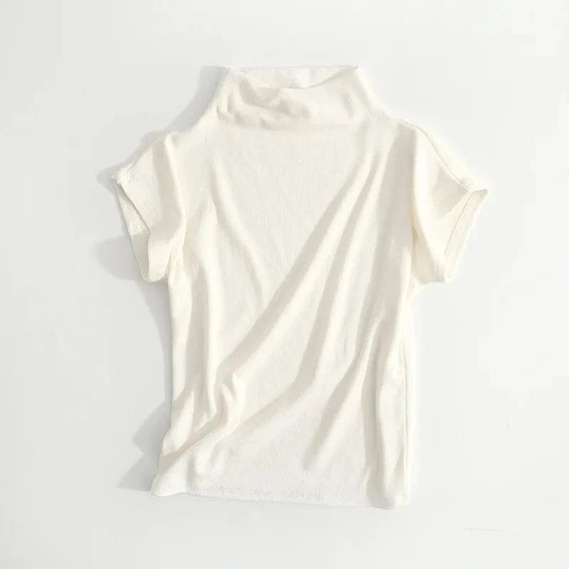 Dropshipping Women Crop Top T Shirt with Turtle Neck High Strech Rib