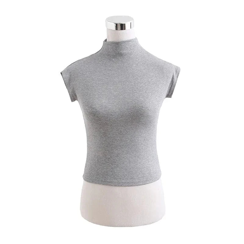 Dropshipping Women Crop Top T Shirt with Turtle Neck High Strech Rib