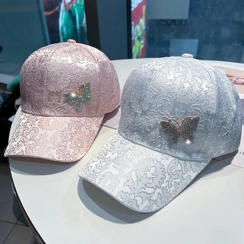 Dropshipping Women's Fashion Spring Summer Casual Sunscreen Peaked Cap Lace Jacquard Rhinestone Butterfly Baseball Cap
