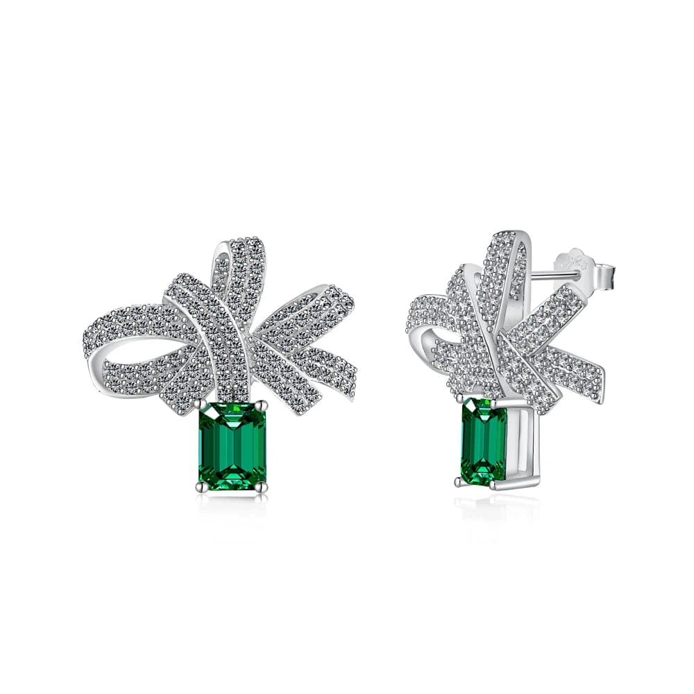 DY110191-S-W-WG Dylam Trendy Design S925 Silver Rhodium Plated Emerald 5A Zirconia Bow Knot Stud Earrings Necklace Ring Jewelry Set for Women