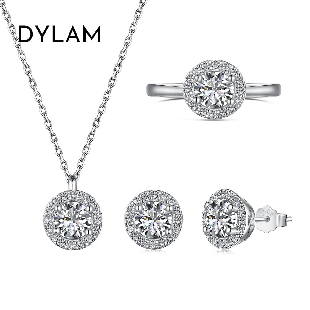 Dylam Classic Design Jewelry Set S925 Silver Rhodium Plated Circle Eternity 5A Zirconia Stud Earrings Pendant Necklace Ring