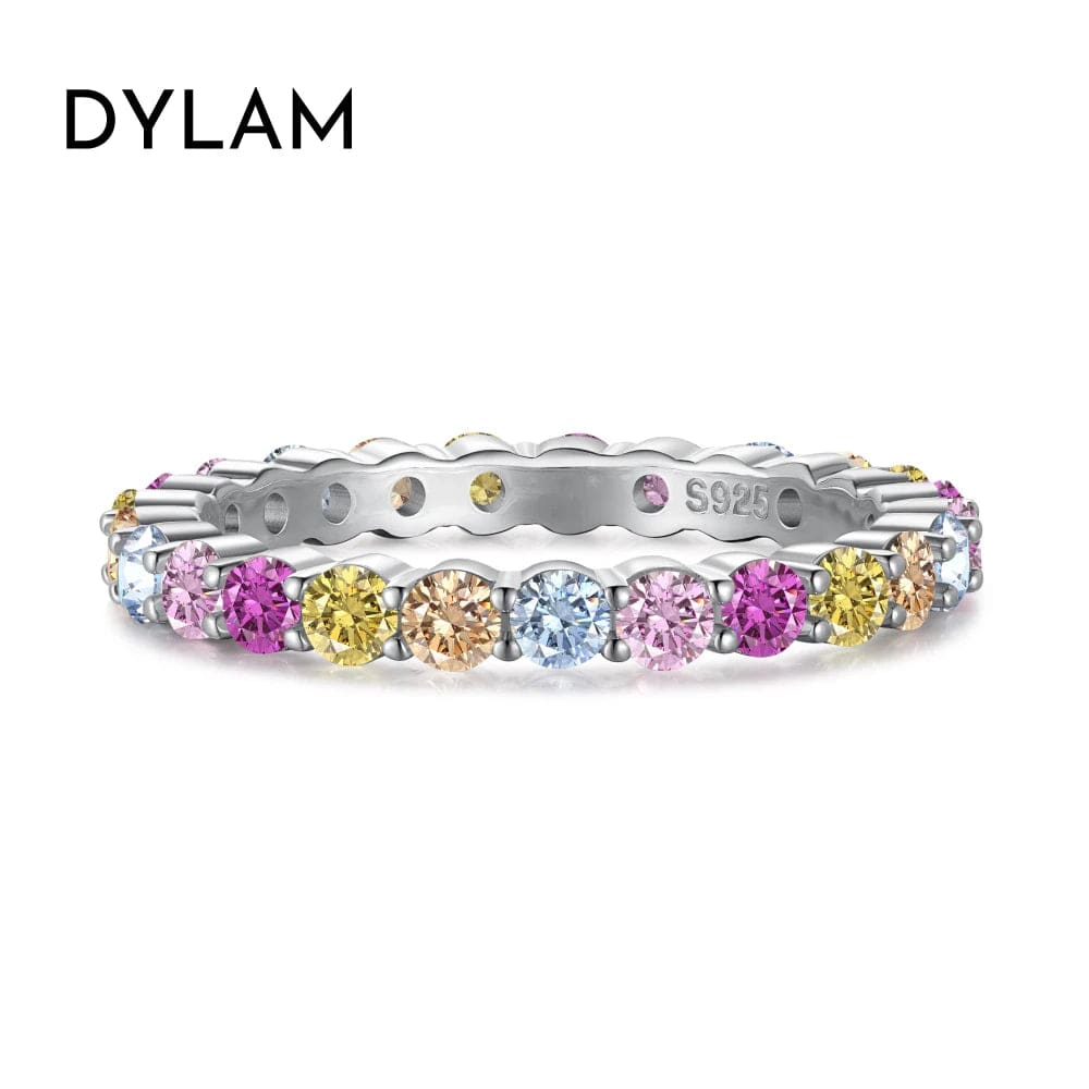 Dylam Eternity Band Rings 2mm 5A Cubic Zirconia Diamond S925 Silver Rhodium Plated Colorful Wedding Engagement Promise Rings