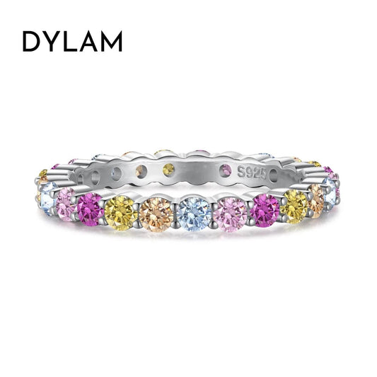 Dylam Eternity Band Rings 2mm 5A Cubic Zirconia Diamond S925 Silver Rhodium Plated Colorful Wedding Engagement Promise Rings