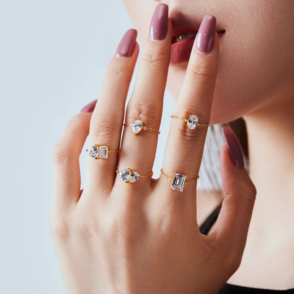 Dylam In Stock No Moq Dainty S925 Silver Rhodium 18K Gold Plated Adjustable Link Chain Rectangle 5A Zirconia Jewelry Rings