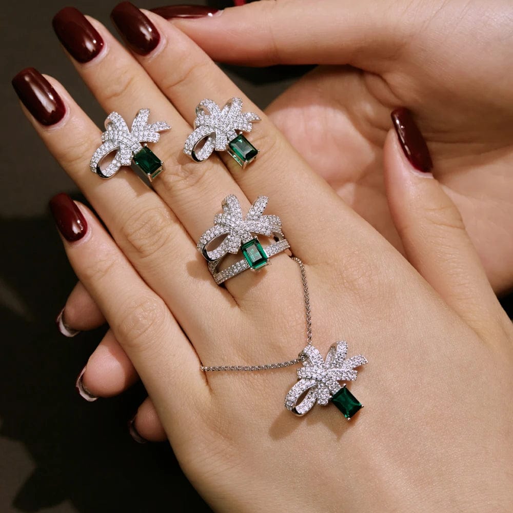 Dylam Trendy Design S925 Silver Rhodium Plated Emerald 5A Zirconia Bow Knot Stud Earrings Necklace Ring Jewelry Set for Women