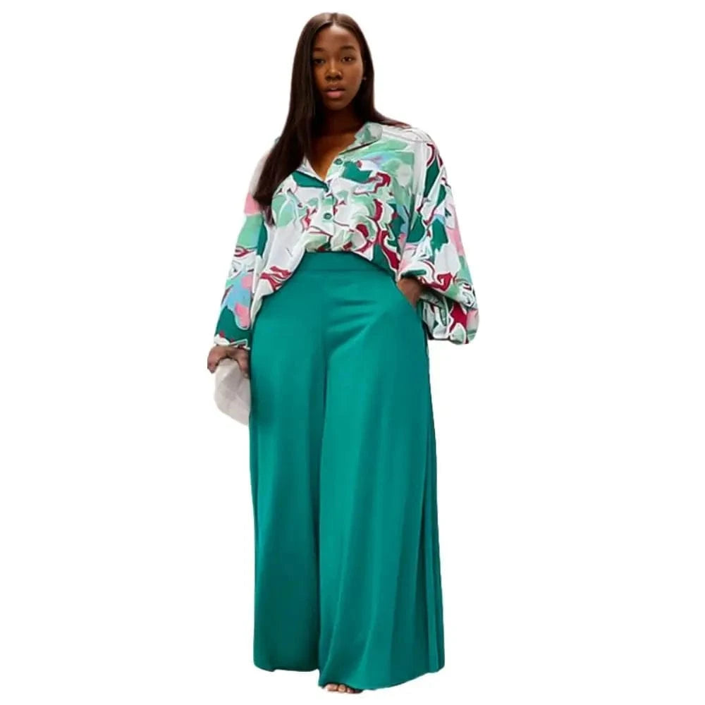 E0110ME16 High Quality Plus Size Floral Print Workout Loose Leg Pants 2 Piece Matching Women Set Sehe Fashion