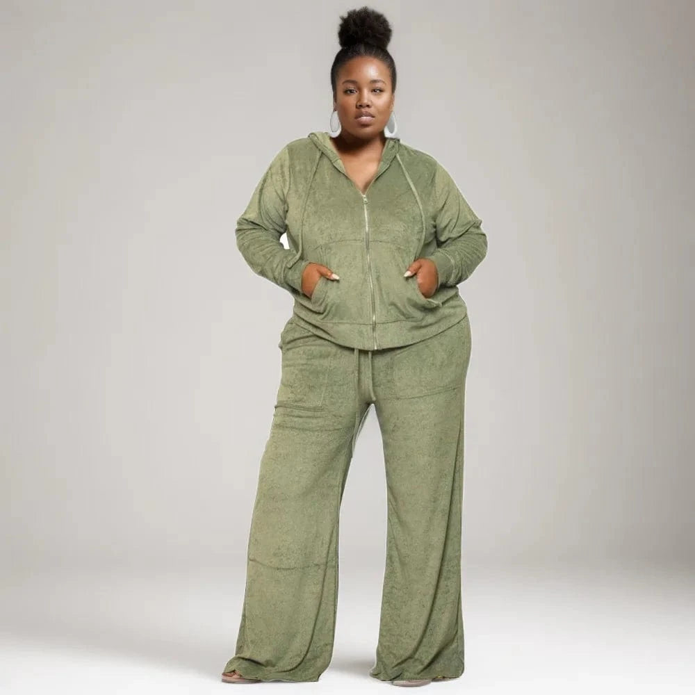 E0110ME20 Latest Models Plus Size Hooded Zipper Up Wide Leg Sprint Two Piece Outfit Women Sets Sehe Fashion