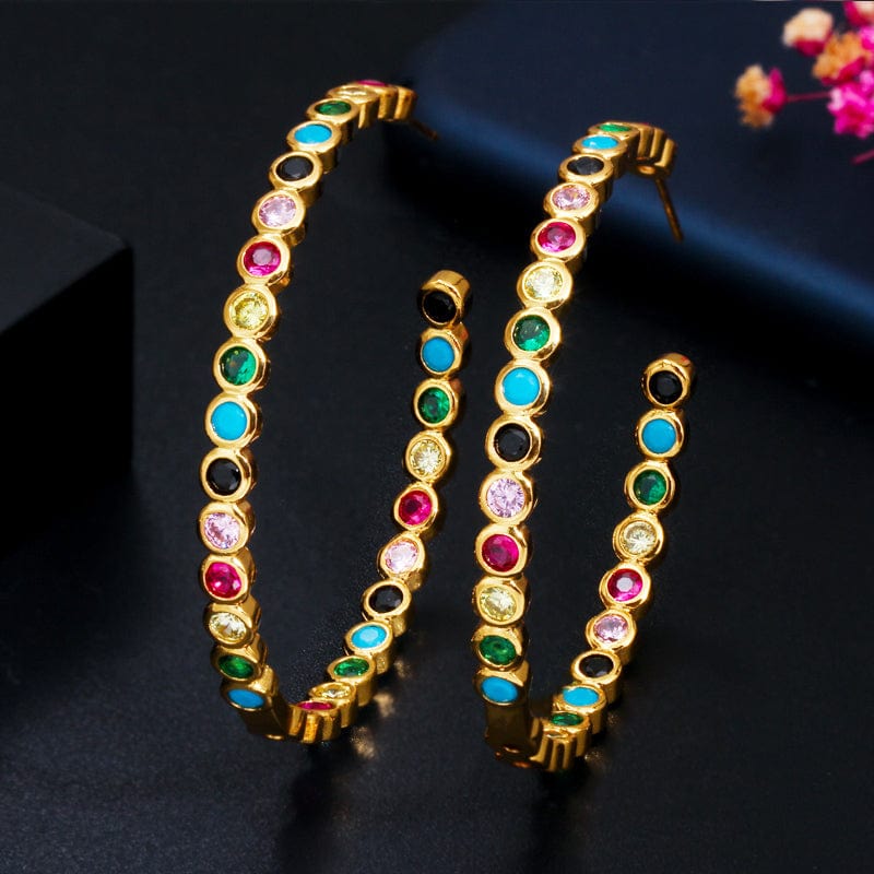 E0296 Fashion 18k Gold Plated Cubic Zirconia Stone Bezel Setting Big Size Round Circle Hoop Earrings for Women Party Memorial Day Gift