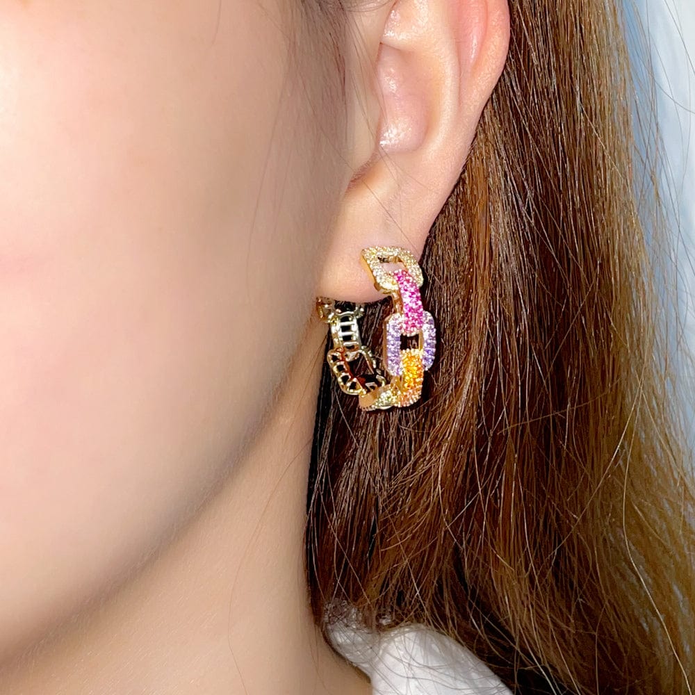 E0857 New Trendy Colorful Micro Pave Cubic Zircon Ear Rings Gold Plated Geometric Cuban Chain Link Hoop Earrings for Women CZ Jewelry