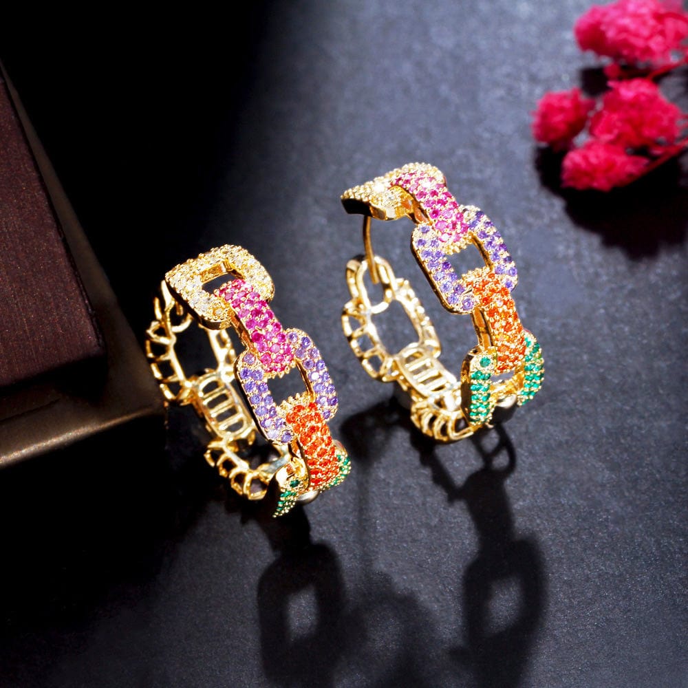E0857 New Trendy Colorful Micro Pave Cubic Zircon Ear Rings Gold Plated Geometric Cuban Chain Link Hoop Earrings for Women CZ Jewelry
