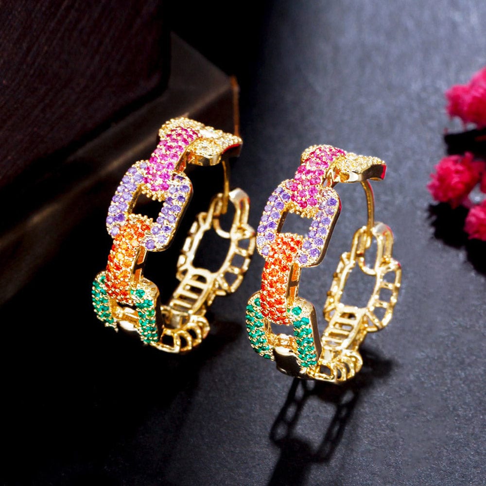 E0857 New Trendy Colorful Micro Pave Cubic Zircon Ear Rings Gold Plated Geometric Cuban Chain Link Hoop Earrings for Women CZ Jewelry