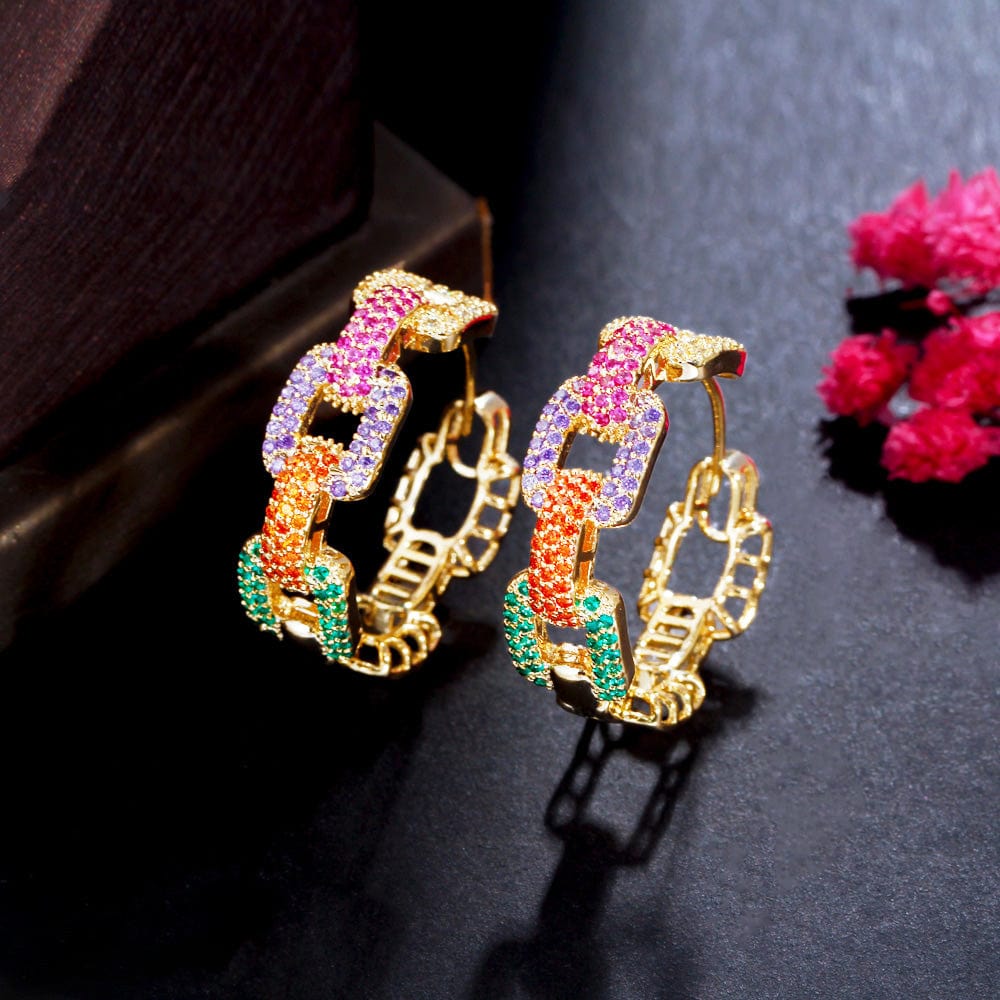 E0857 New Trendy Colorful Micro Pave Cubic Zircon Ear Rings Gold Plated Geometric Cuban Chain Link Hoop Earrings for Women CZ Jewelry