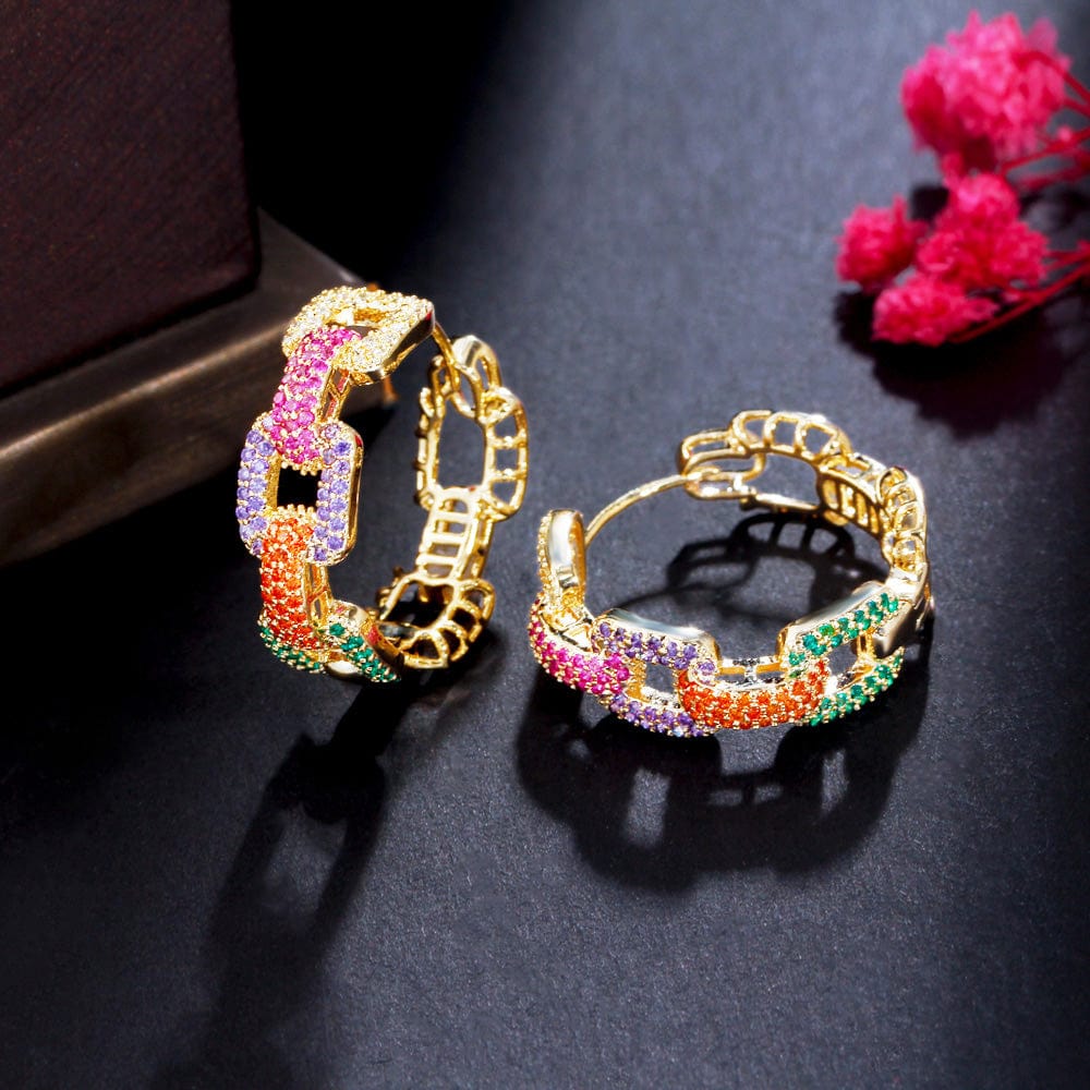 E0857 New Trendy Colorful Micro Pave Cubic Zircon Ear Rings Gold Plated Geometric Cuban Chain Link Hoop Earrings for Women CZ Jewelry