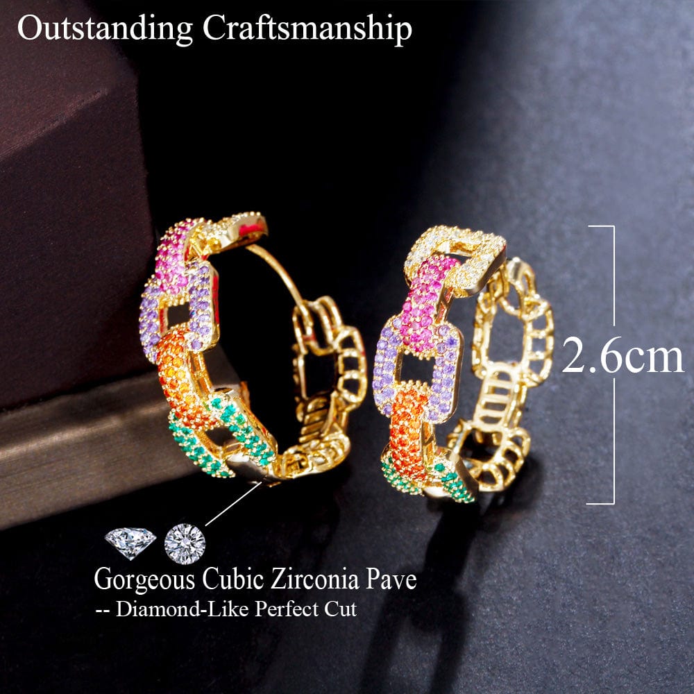 E0857 New Trendy Colorful Micro Pave Cubic Zircon Ear Rings Gold Plated Geometric Cuban Chain Link Hoop Earrings for Women CZ Jewelry