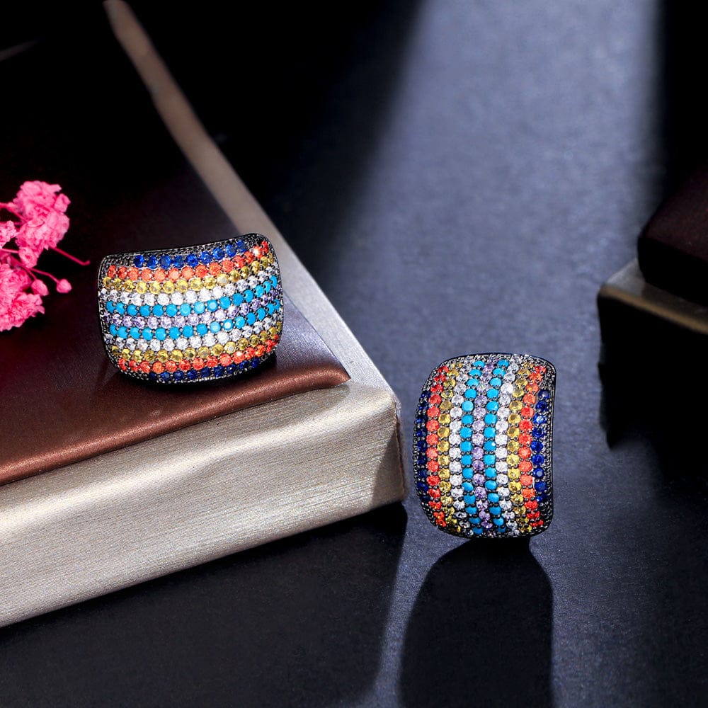 E0886 Unique Micro Pave Cubic Zircon Stone Colorful Statement Big Rectangle Stud Earrings for Women Party Jewelry Gift Accessories