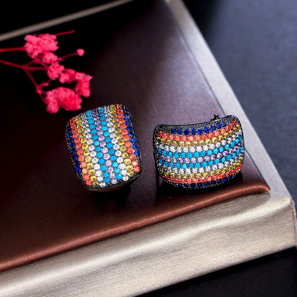 E0886 Unique Micro Pave Cubic Zircon Stone Colorful Statement Big Rectangle Stud Earrings for Women Party Jewelry Gift Accessories