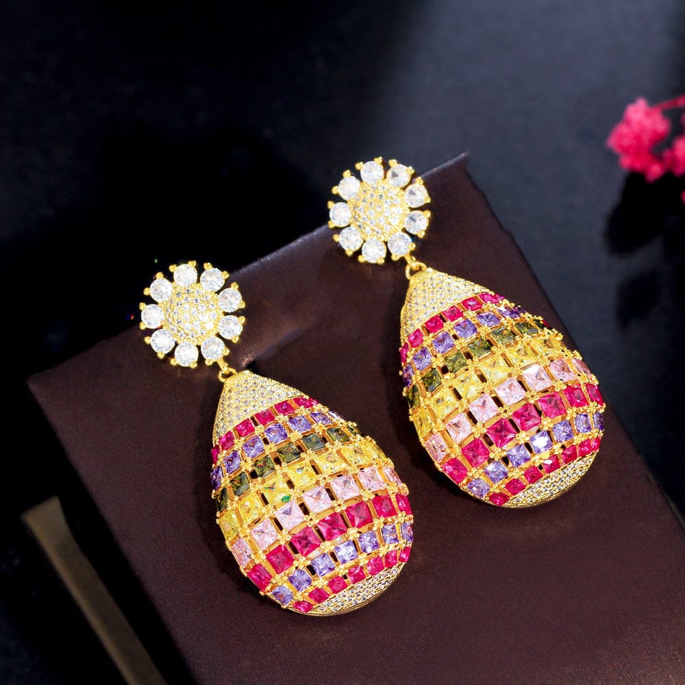 E0887 Trendy Cubic Zircon Crystal Indian Gold Plated Women Wedding Engagement Party Jewelry Luxury Multi Color Big Ball Drop Earrings