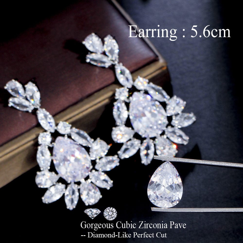 E0888 Glittering Cubic Zirconia Silver Plated Long Big Leaf Dangling Drop Wedding Bridal Earrings Luxury CZ Brides Jewelry Accessories