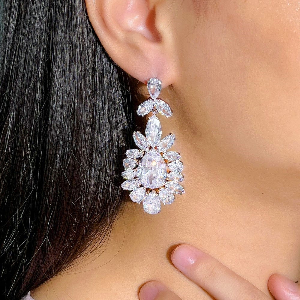 E0890 Genuine Top Shiny Cubic Zirconia Stone Paved Silver Color Dangling Drop Long Big Wedding Earrings for Brides Jewelry Gift