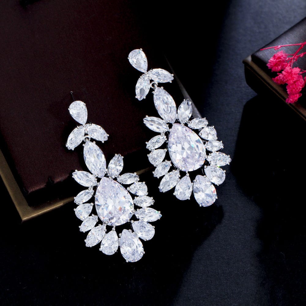 E0890 Genuine Top Shiny Cubic Zirconia Stone Paved Silver Color Dangling Drop Long Big Wedding Earrings for Brides Jewelry Gift