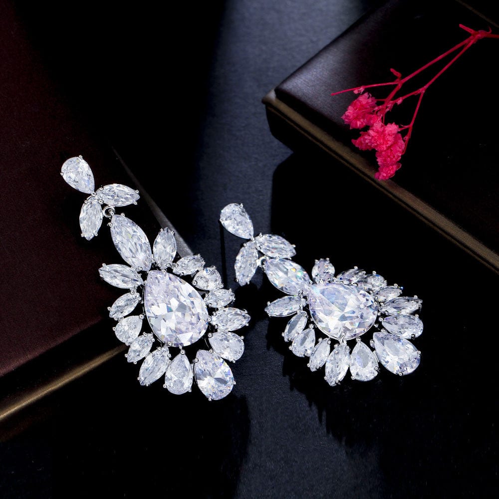 E0890 Genuine Top Shiny Cubic Zirconia Stone Paved Silver Color Dangling Drop Long Big Wedding Earrings for Brides Jewelry Gift