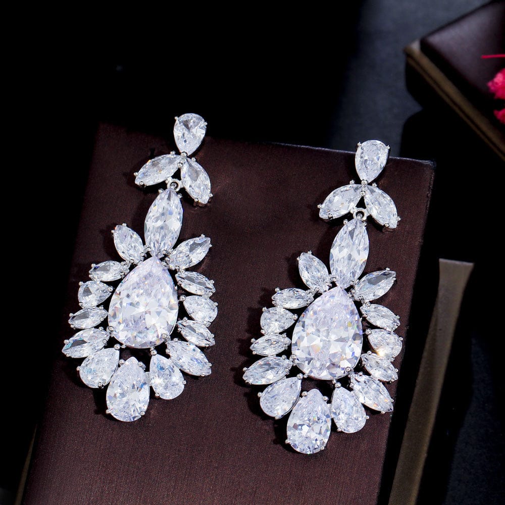 E0890 Genuine Top Shiny Cubic Zirconia Stone Paved Silver Color Dangling Drop Long Big Wedding Earrings for Brides Jewelry Gift