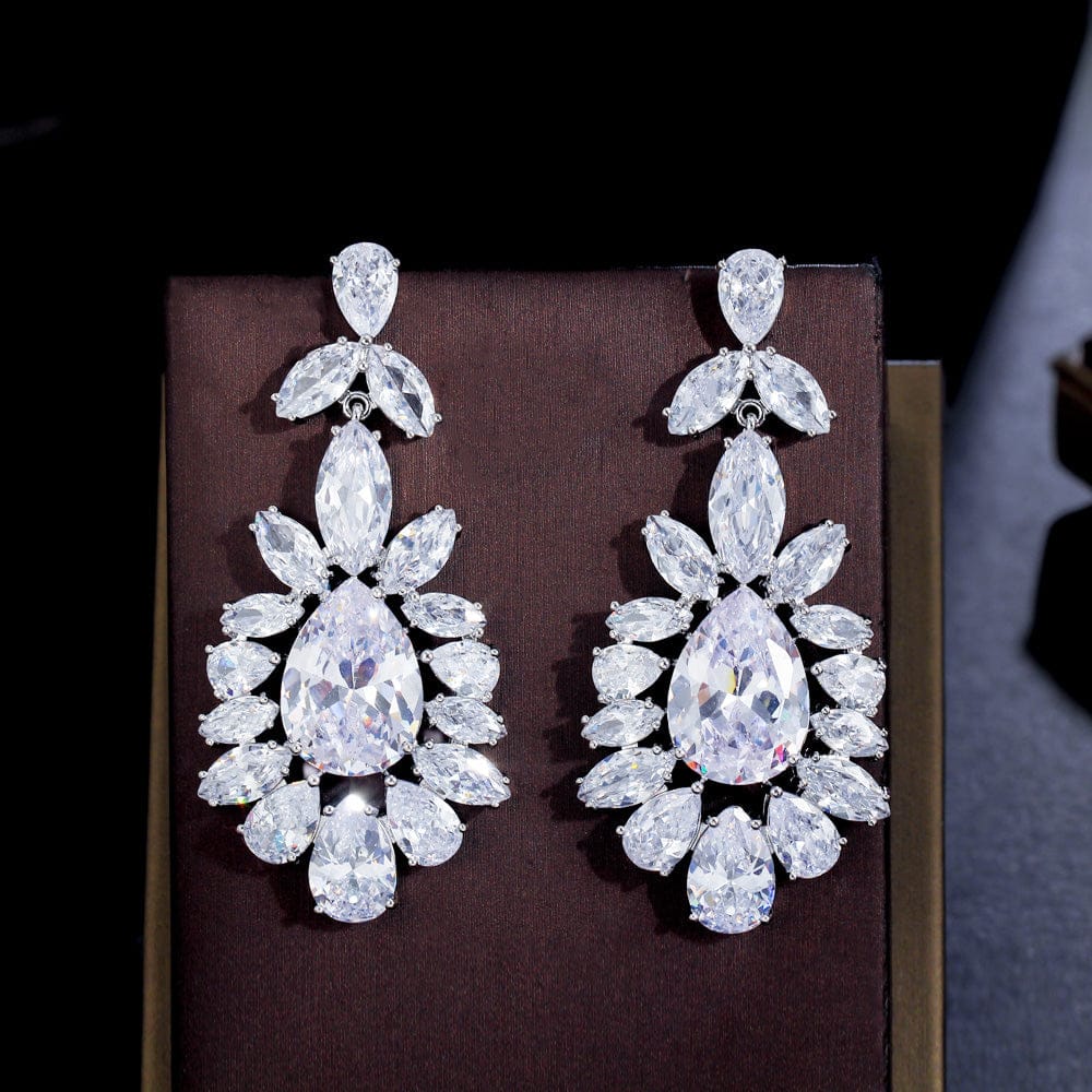 E0890 Genuine Top Shiny Cubic Zirconia Stone Paved Silver Color Dangling Drop Long Big Wedding Earrings for Brides Jewelry Gift