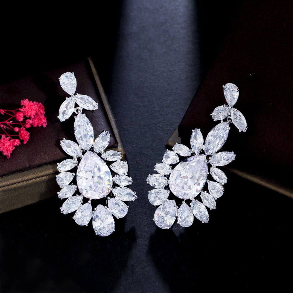E0890 Genuine Top Shiny Cubic Zirconia Stone Paved Silver Color Dangling Drop Long Big Wedding Earrings for Brides Jewelry Gift