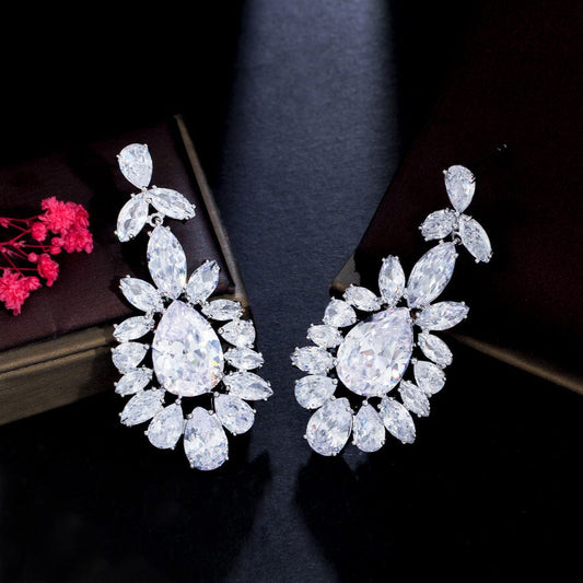 E0890 Genuine Top Shiny Cubic Zirconia Stone Paved Silver Color Dangling Drop Long Big Wedding Earrings for Brides Jewelry Gift