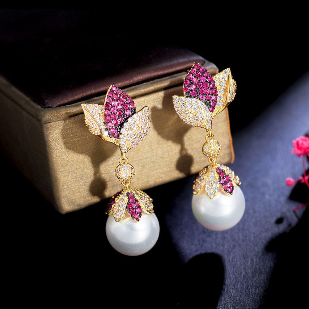 E0899 Fashion Two Tone Cubic Zircon CZ Women Party Pearl Leaf Flower Dangle Drop Long Earrings for Bridal Luxury Jewelry Accessories