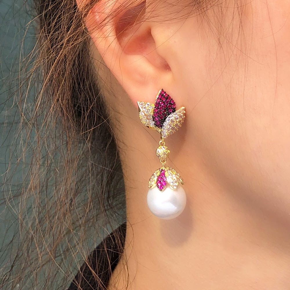 E0899 Fashion Two Tone Cubic Zircon CZ Women Party Pearl Leaf Flower Dangle Drop Long Earrings for Bridal Luxury Jewelry Accessories