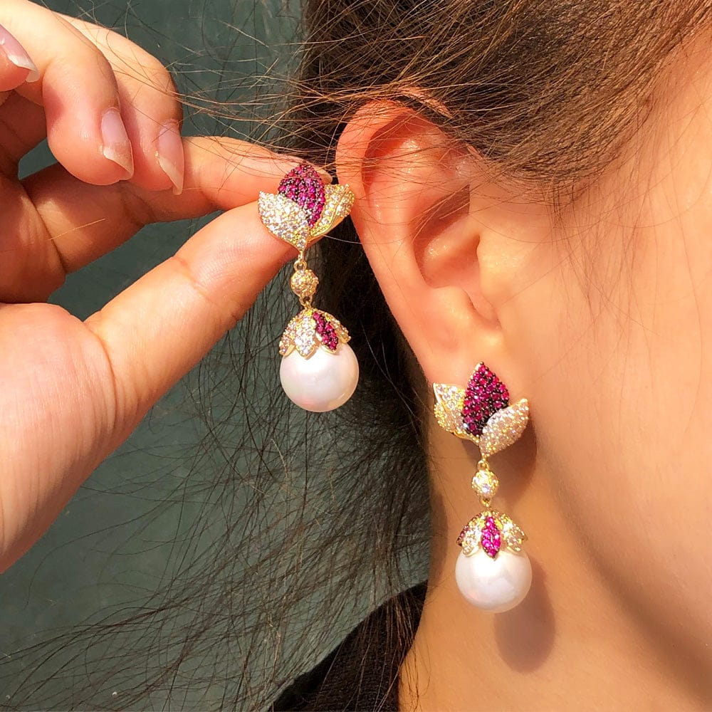 E0899 Fashion Two Tone Cubic Zircon CZ Women Party Pearl Leaf Flower Dangle Drop Long Earrings for Bridal Luxury Jewelry Accessories