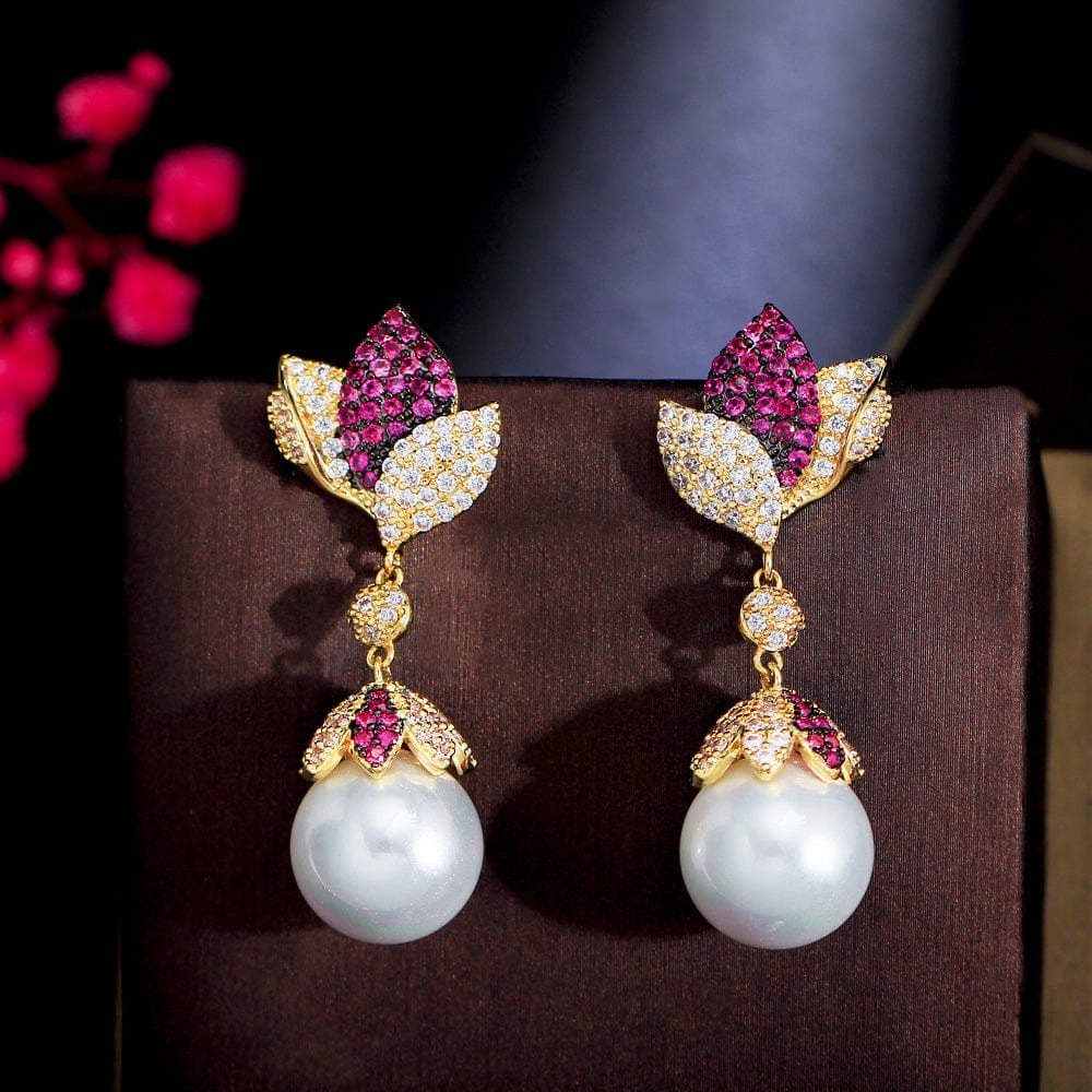 E0899 Fashion Two Tone Cubic Zircon CZ Women Party Pearl Leaf Flower Dangle Drop Long Earrings for Bridal Luxury Jewelry Accessories