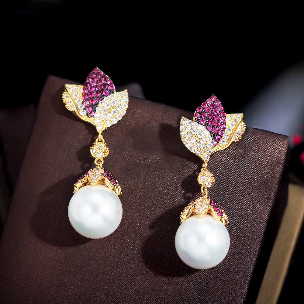 E0899 Fashion Two Tone Cubic Zircon CZ Women Party Pearl Leaf Flower Dangle Drop Long Earrings for Bridal Luxury Jewelry Accessories