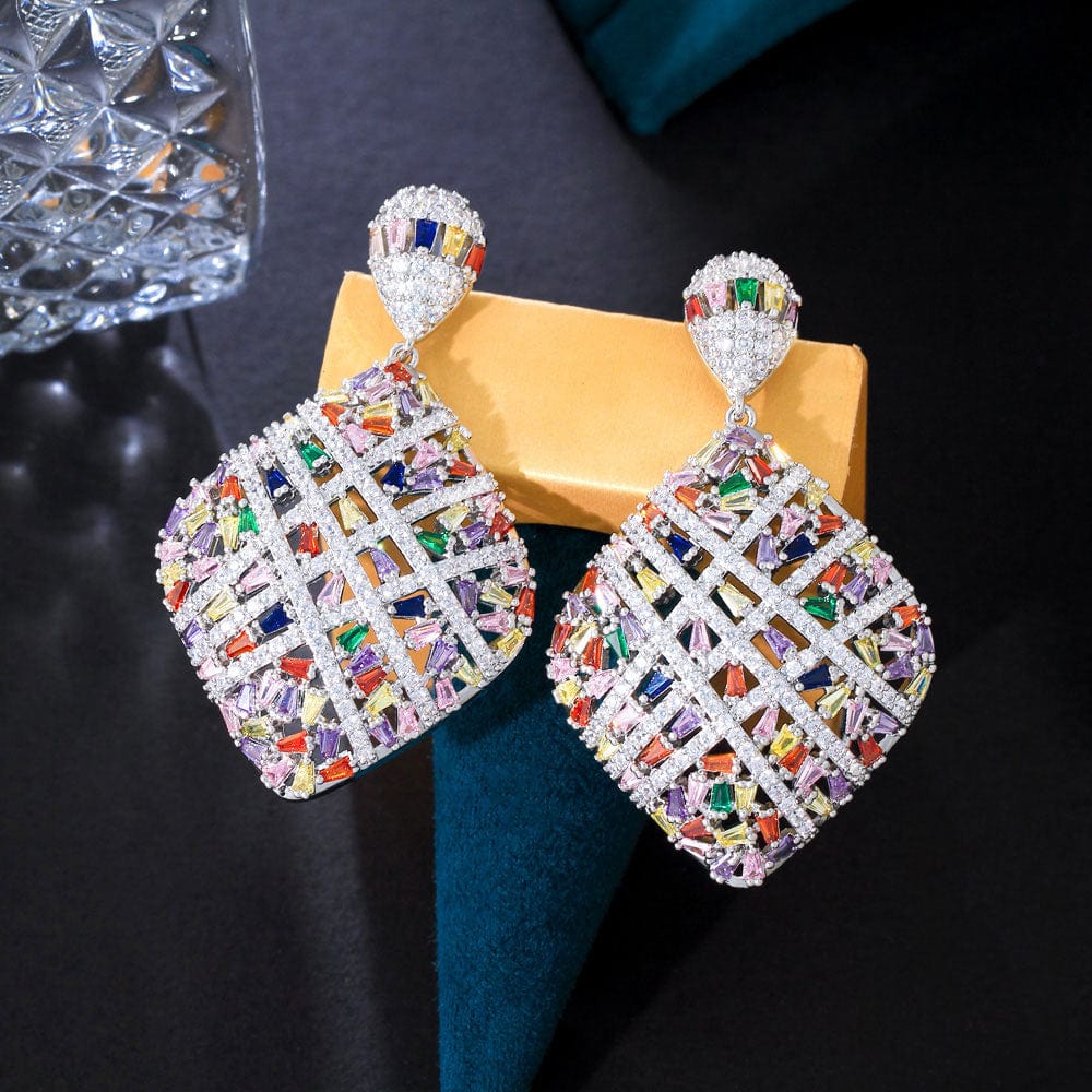 E0973 Fancy Cross Line Colorful Heavy Cubic Zirconia Stone Pave Luxury Big Rhombic Drop Dangle Engagement Earrings for Women's Jewelry