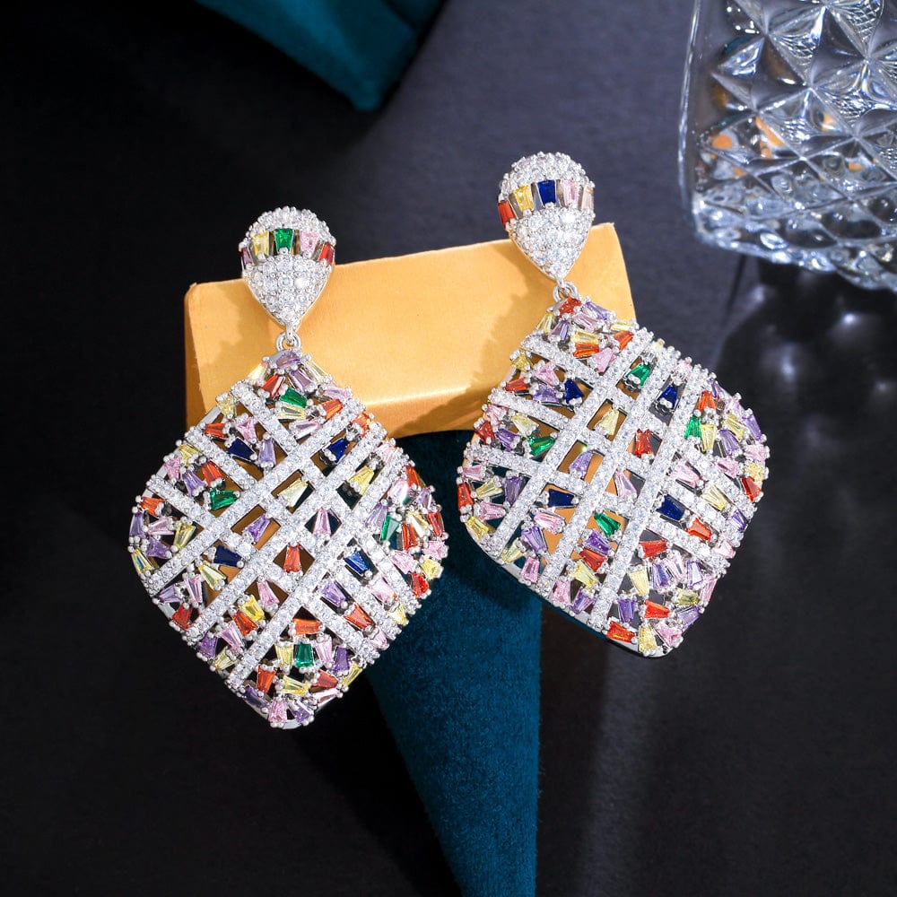 E0973 Fancy Cross Line Colorful Heavy Cubic Zirconia Stone Pave Luxury Big Rhombic Drop Dangle Engagement Earrings for Women's Jewelry