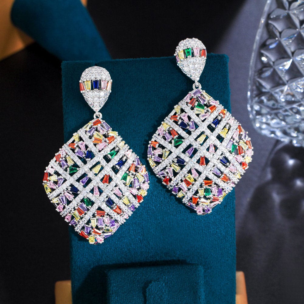 E0973 Fancy Cross Line Colorful Heavy Cubic Zirconia Stone Pave Luxury Big Rhombic Drop Dangle Engagement Earrings for Women's Jewelry