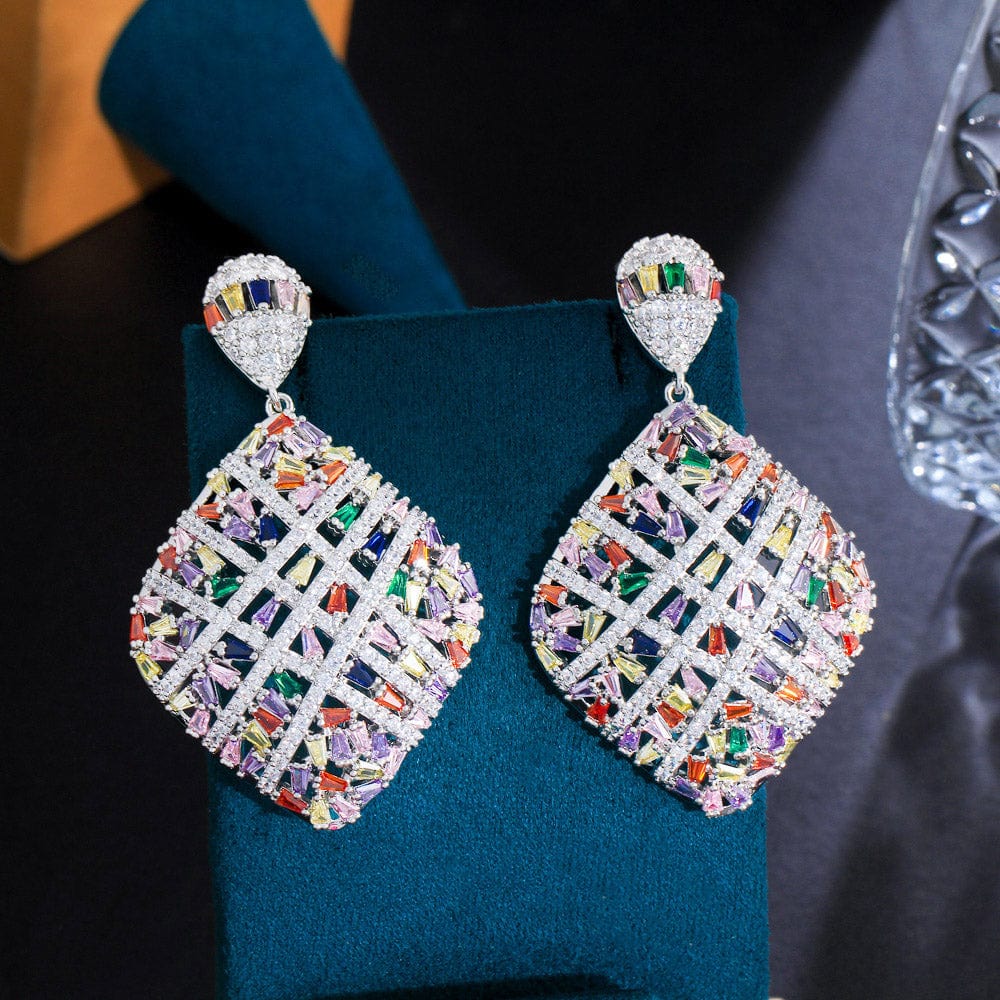 E0973 Fancy Cross Line Colorful Heavy Cubic Zirconia Stone Pave Luxury Big Rhombic Drop Dangle Engagement Earrings for Women's Jewelry