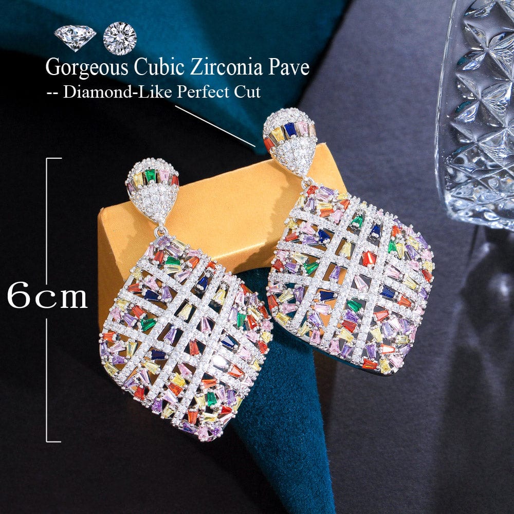 E0973 Fancy Cross Line Colorful Heavy Cubic Zirconia Stone Pave Luxury Big Rhombic Drop Dangle Engagement Earrings for Women's Jewelry