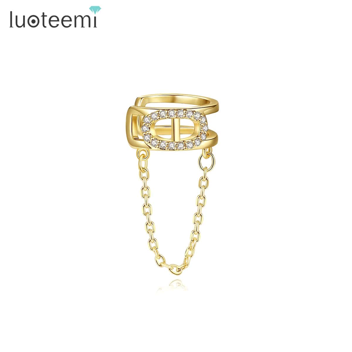 E20121215 LUOTEEMI Popular Iced Out Hoop Chain Earing C Shape Gold Hoop 18K Cartilage Cuff Tassel Earring