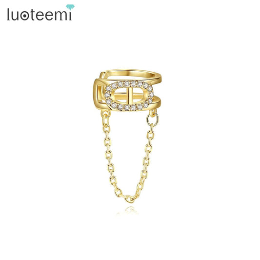 E20121215 LUOTEEMI Popular Iced Out Hoop Chain Earing C Shape Gold Hoop 18K Cartilage Cuff Tassel Earring