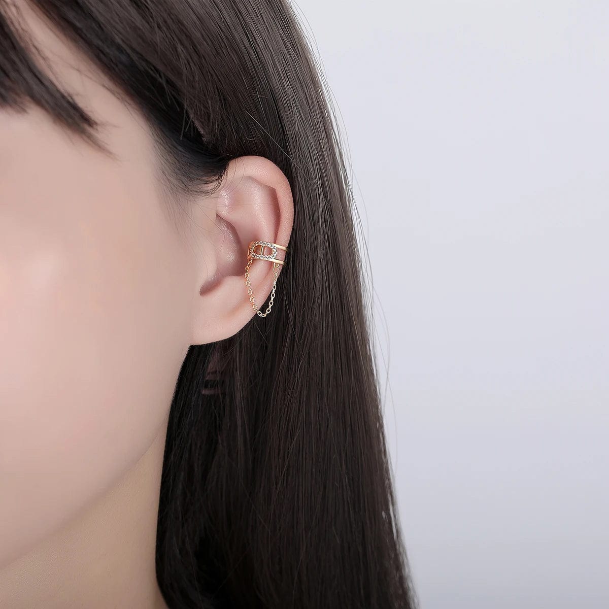 E20121215 LUOTEEMI Popular Iced Out Hoop Chain Earing C Shape Gold Hoop 18K Cartilage Cuff Tassel Earring