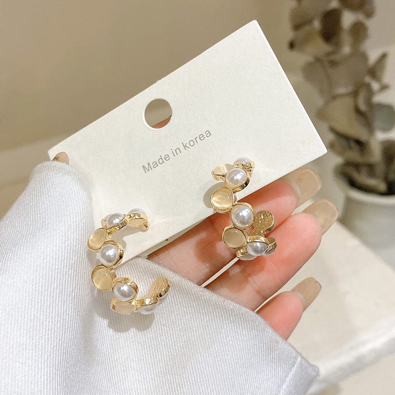E3329 gold Origin Summer Exquisite Simulation Pearl Opals Hoop Earring for Women Girls Delicate Gold Color Metallic C Shape Earring Jewelry