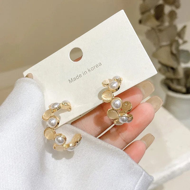 E3329 gold Origin Summer Exquisite Simulation Pearl Opals Hoop Earring for Women Girls Delicate Gold Color Metallic C Shape Earring Jewelry