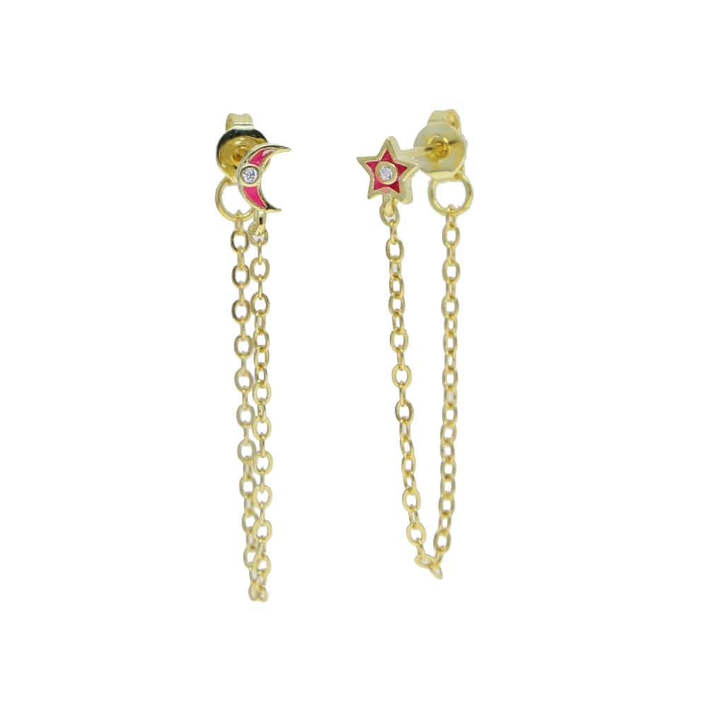 E972-Pink promotion fashion asymmetry moon star gold plated long chain tassels charm stud earrings women girls