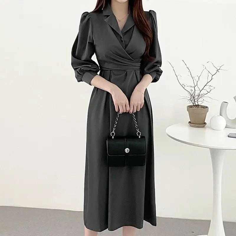 Early autumn French elegant lapel cross lace-up waist bubble sleeve shirt dress mid-length skirt