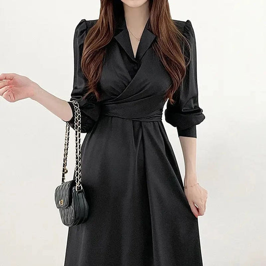 Early autumn French elegant lapel cross lace-up waist bubble sleeve shirt dress mid-length skirt