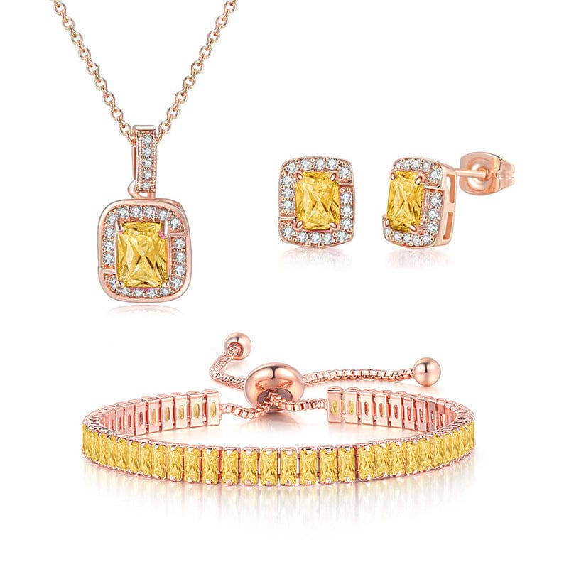 Earring / Yellow HOYON New Multilayer Tennis Chain Zircon Pendant Necklace Bracelet earring Set  3 Pieces Bridal Jewelry Set